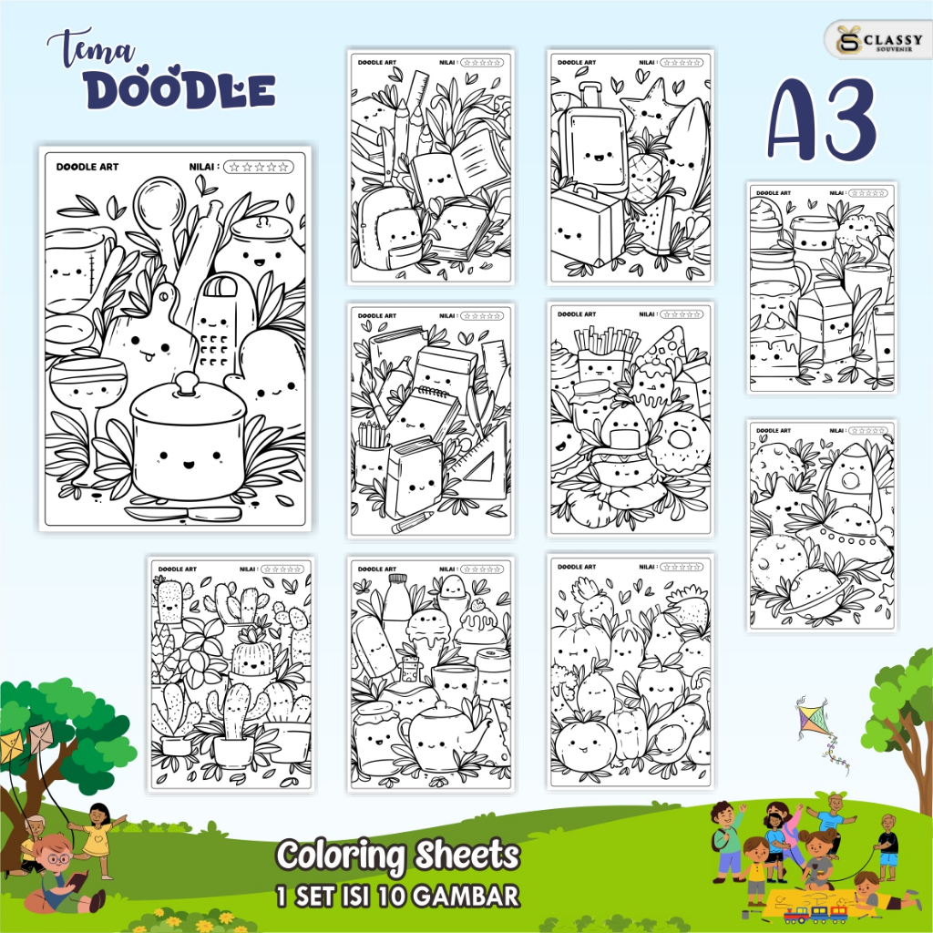 

LEMBAR GAMBAR MEWARNAI A3 - KERTAS MEWARNAI ANAK TEMA DOODLE - COLORING SHEETS FOR KIDS