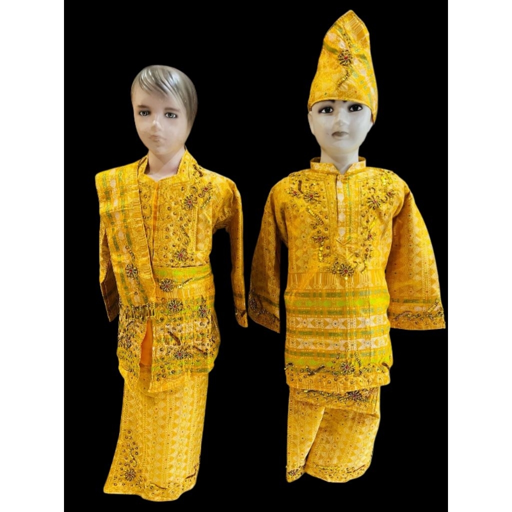 baju melayu anak ukuran tk berwarna kuning/baju tari melayu