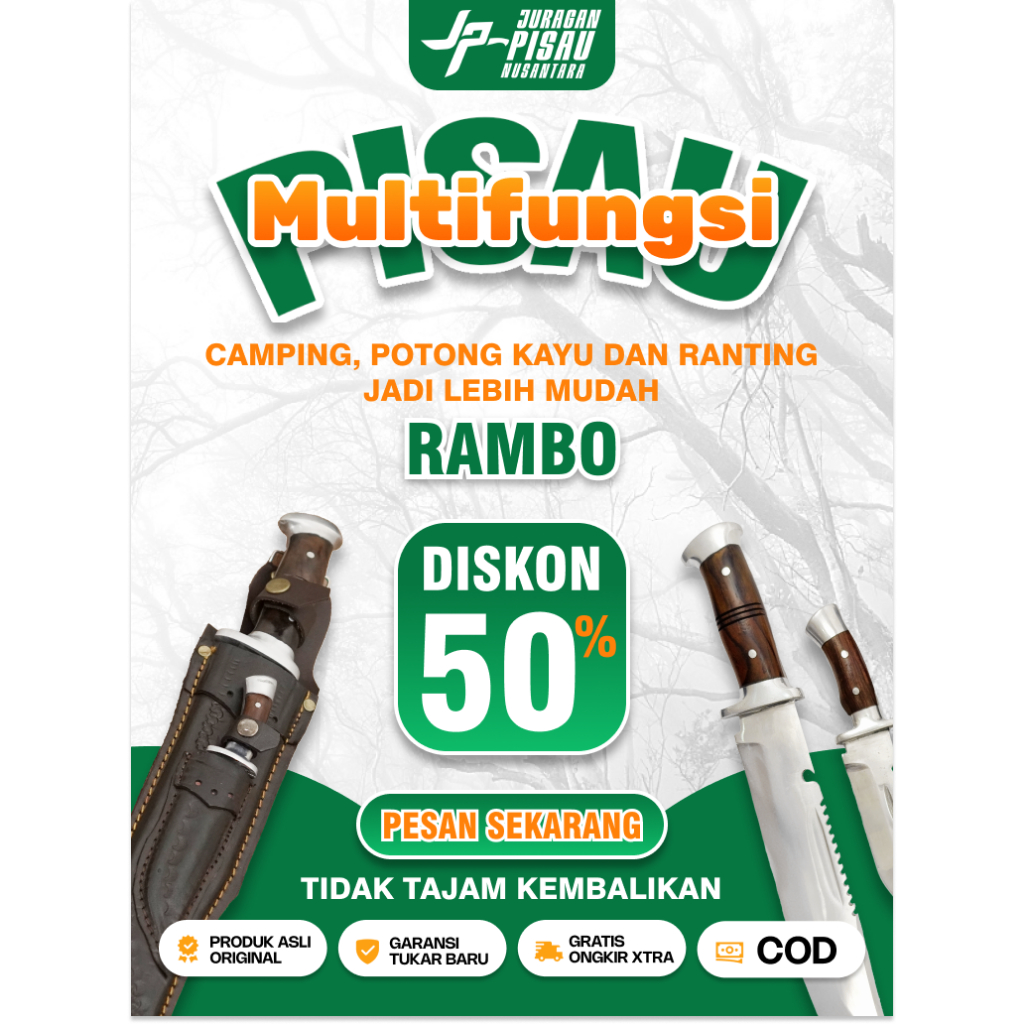 Pisau Set Rambo Sarung Kulit | Pisau Baja Komando Multifungsi | Juragan Pisau Nusantara