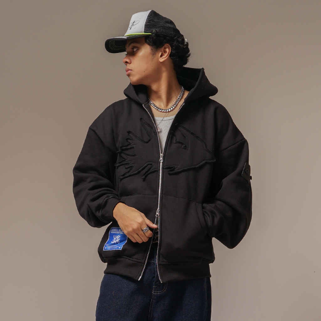 W.Essentiels Label Bleu Affinity Hirondelle Oversize Raw Embroidered Zip Hoodie Zero Black