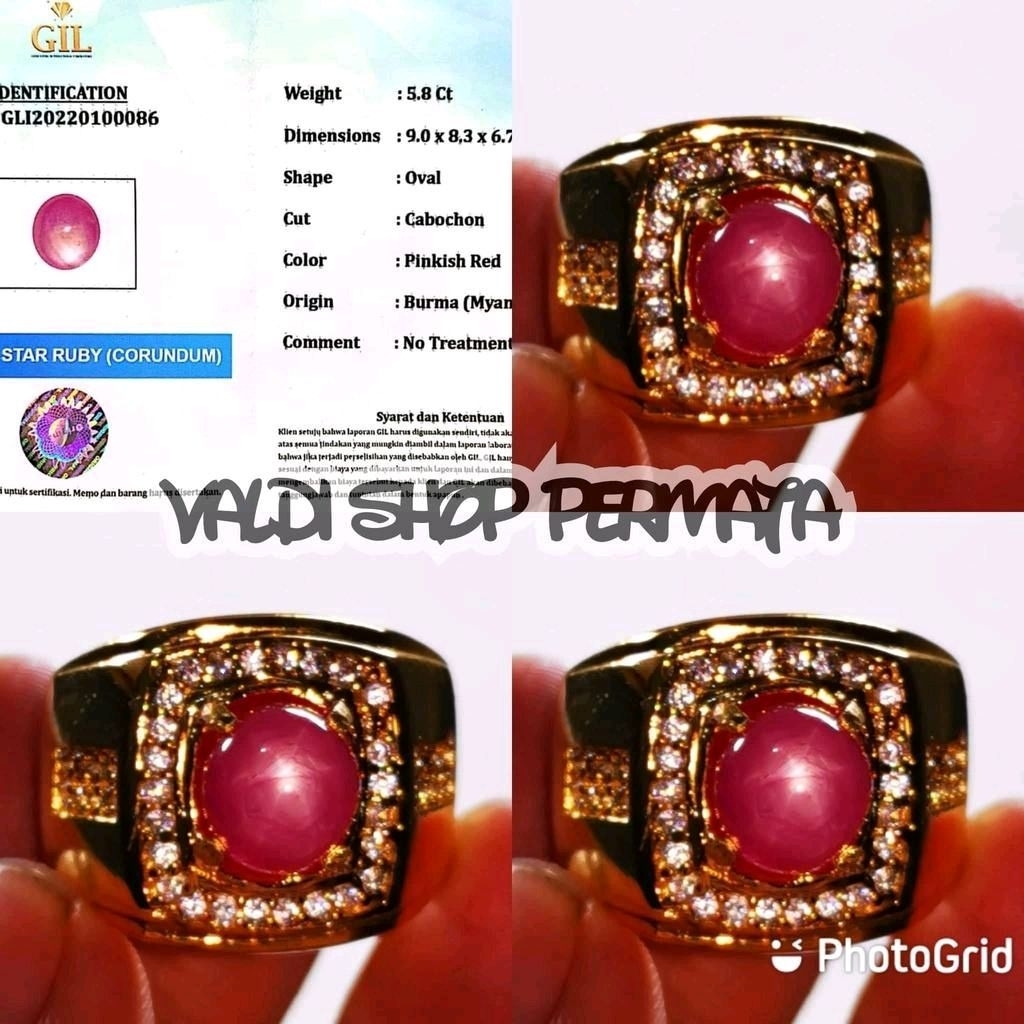 Cincin Permata Batu Natural Ruby Star Burma Asli Fatwa+Memo GiL Lab Ring Alpaka Super Mewah Hight Qu