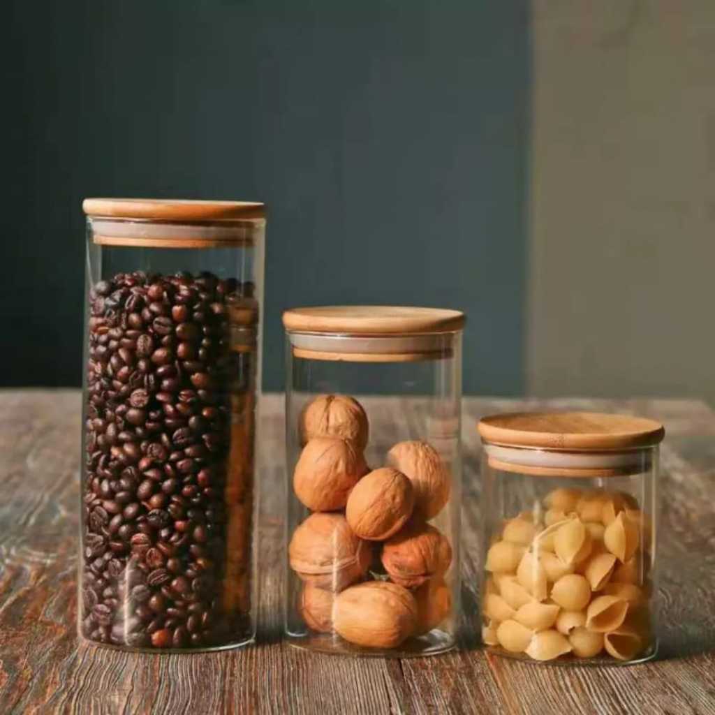 Toples Kaca Transparant Tutup Kayu Tempat Makanan Kue Kering Toples Snack Lebaran