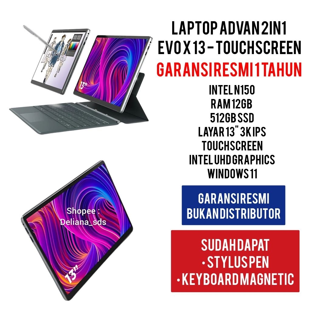 Laptop Advan 2in1 Evo X13 Touchscreen With Stylus Pen Intel N150 12/512 SSD 13" 3K IPS Garansi Resmi