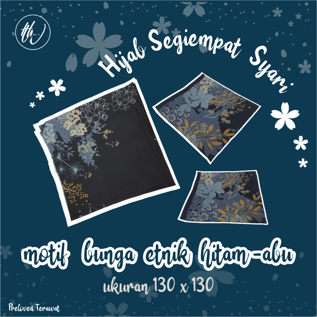 Hijab Segi Empat Syar'i Motif Bunga Etnik Hitam-Abu | Bahan Voal Premium – 130x130 cm – Preloved Mur