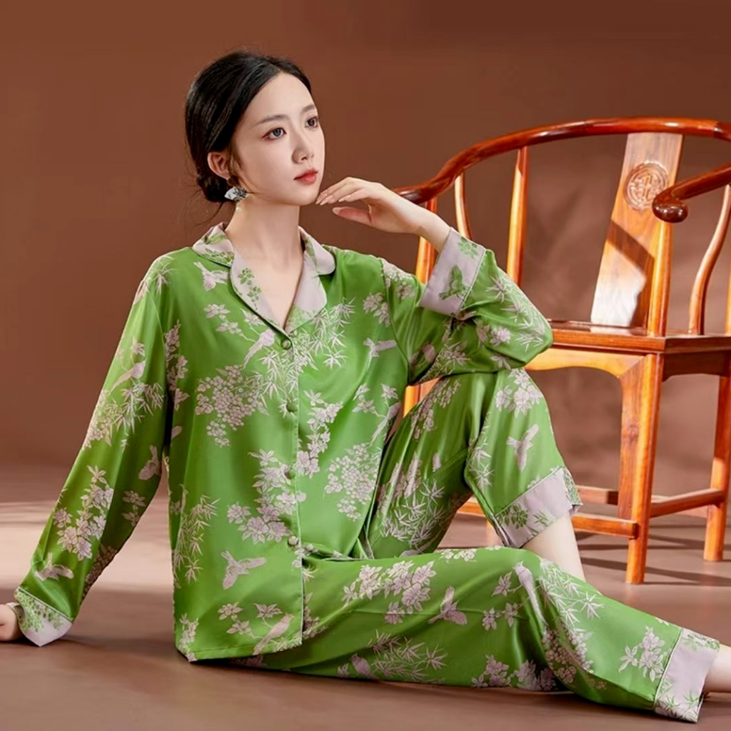 piyama satin wanita setelan lengan panjang hijau elegan mewah pakaian tidur rumah wanita korea style