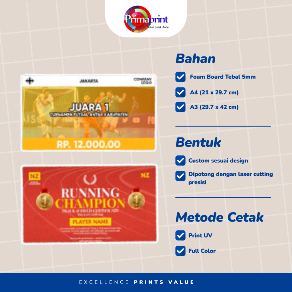Cetak Papan Hadiah Simbolis Custom Foam Board A3 & A4 Printing Penghargaan Juara Lomba Kompetisi