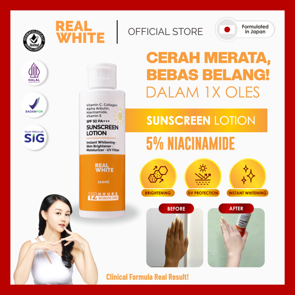 [5% 𝑵𝑰𝑨𝑪𝑰𝑵𝑨𝑴𝑰𝑫𝑬] 𝐑𝐄𝐀𝐋 𝐖𝐇𝐈𝐓𝐄 Lotion Intensive Brightening Sunscreen Alpha Arbutin Glutathione Collage