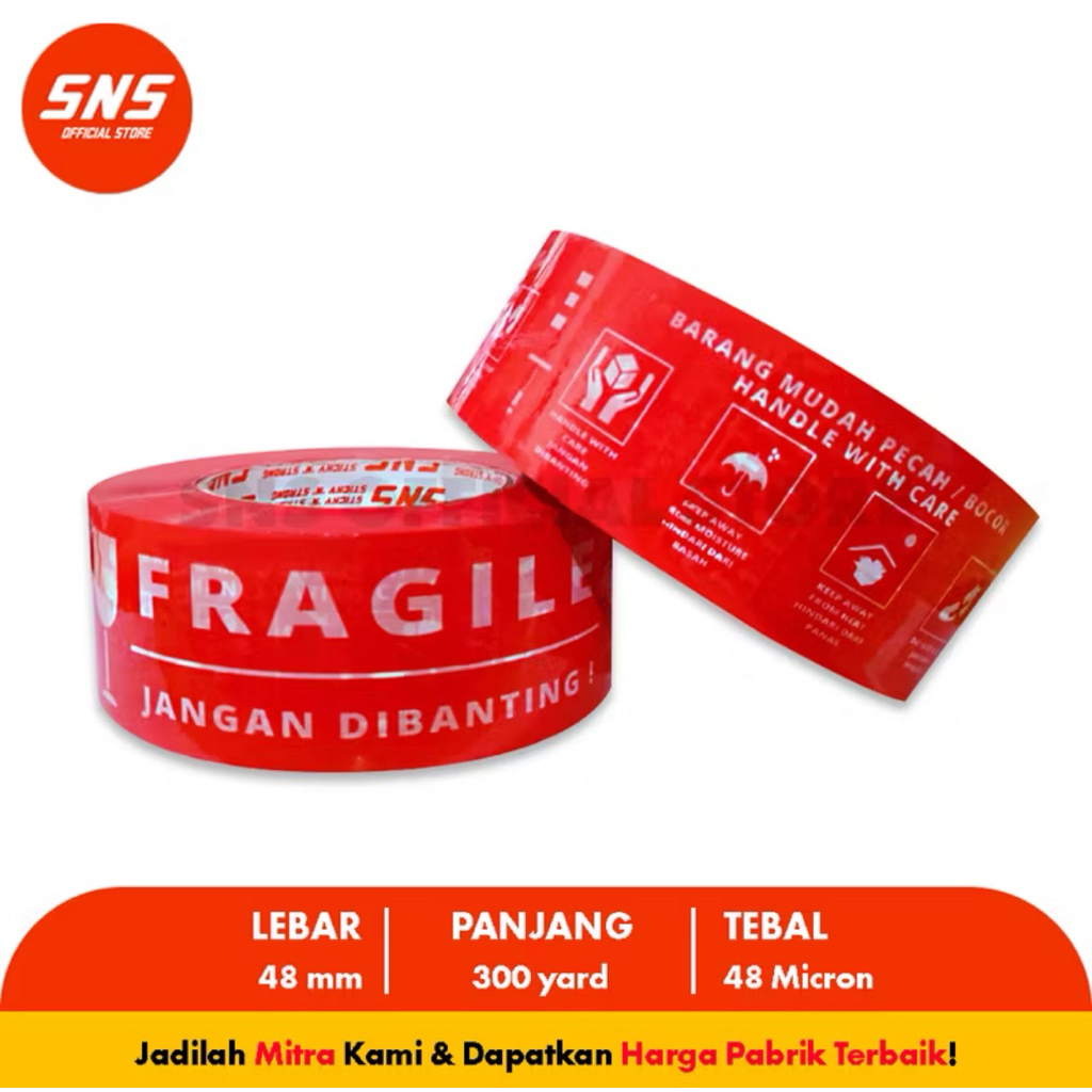 Lakban Fragile Merah 300 Yard Sticky N Strong / lakban merah / lakban fragile / lakban sns / isolasi