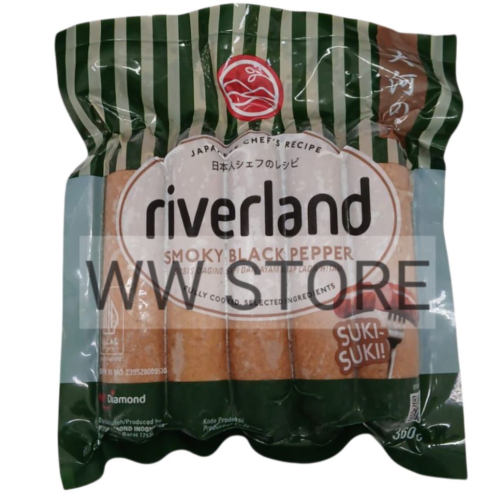 

Sosis daging sapi dan ayam asap lada hitam halal MUI JAPANESE CHEF'S RECIPE riverland SMOKY BLACK PEPPER 360g