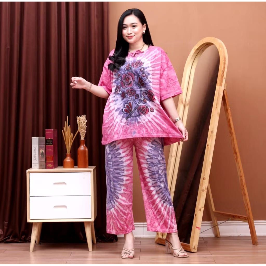 Setelan Celana Panjang Ukuran Jumbo LD 120 Bahan Kaos Motif Tie Dye