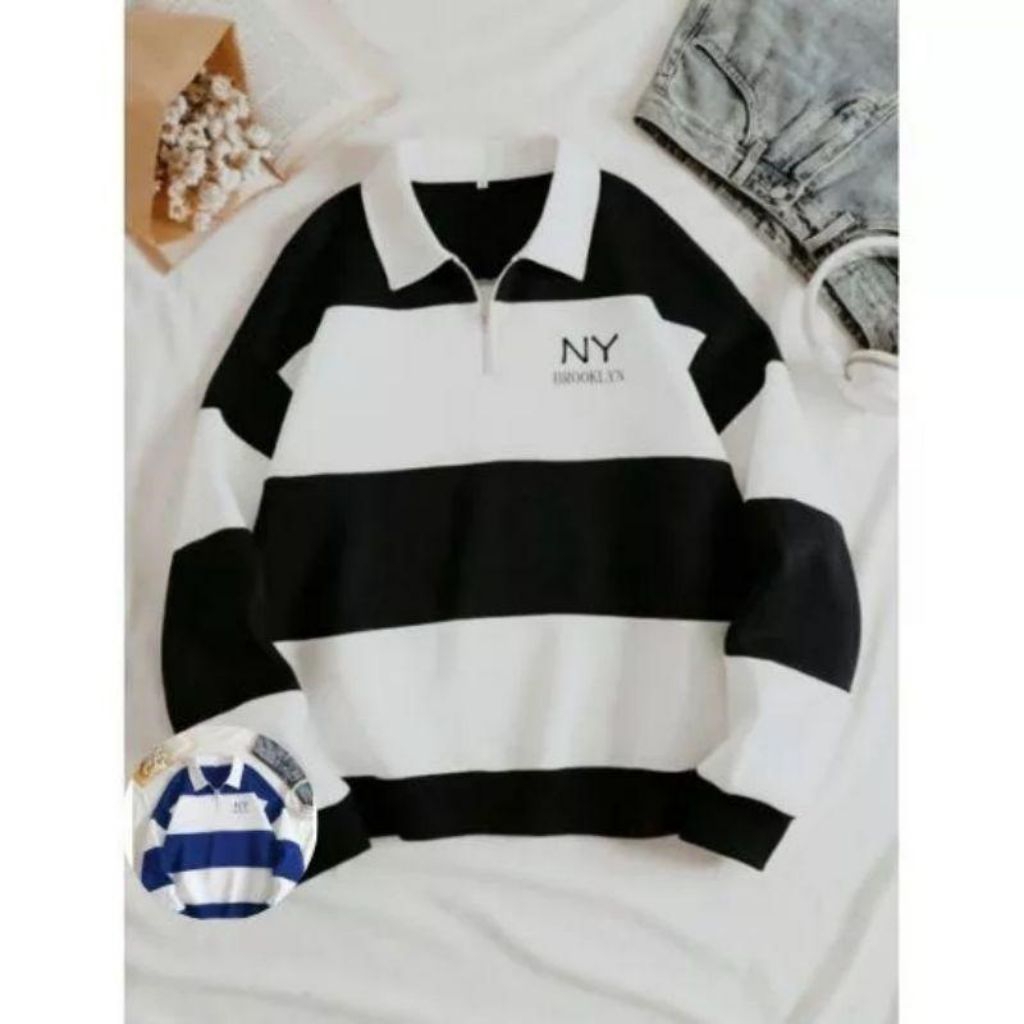 Sweater Rugby Collar Salur Terbaru Sweater Kerah NY Brooklyn Pria Wanita Unisex
