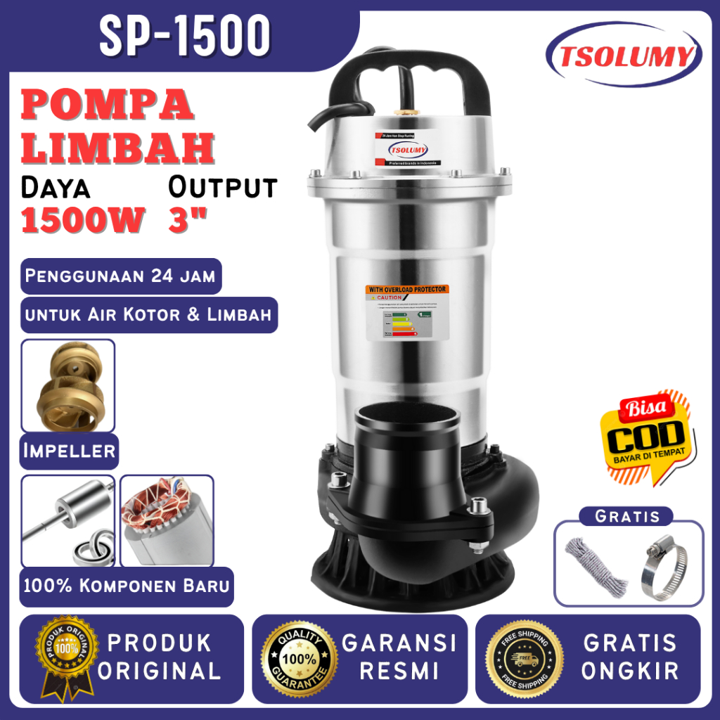 Tsolumy Pompa Celup Air Kotor SP-1500 Pompa Air Kotor  Pompa Lumpur Pompa Sawah Pompa Kolam Ikan