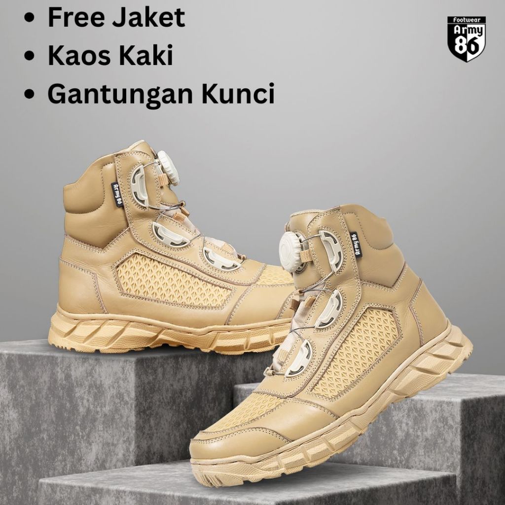 Army86 Sepatu PDL Tali Putar Tactical Satpol PP Menhan PNS Kulit asli Model Raiders G2 Krem