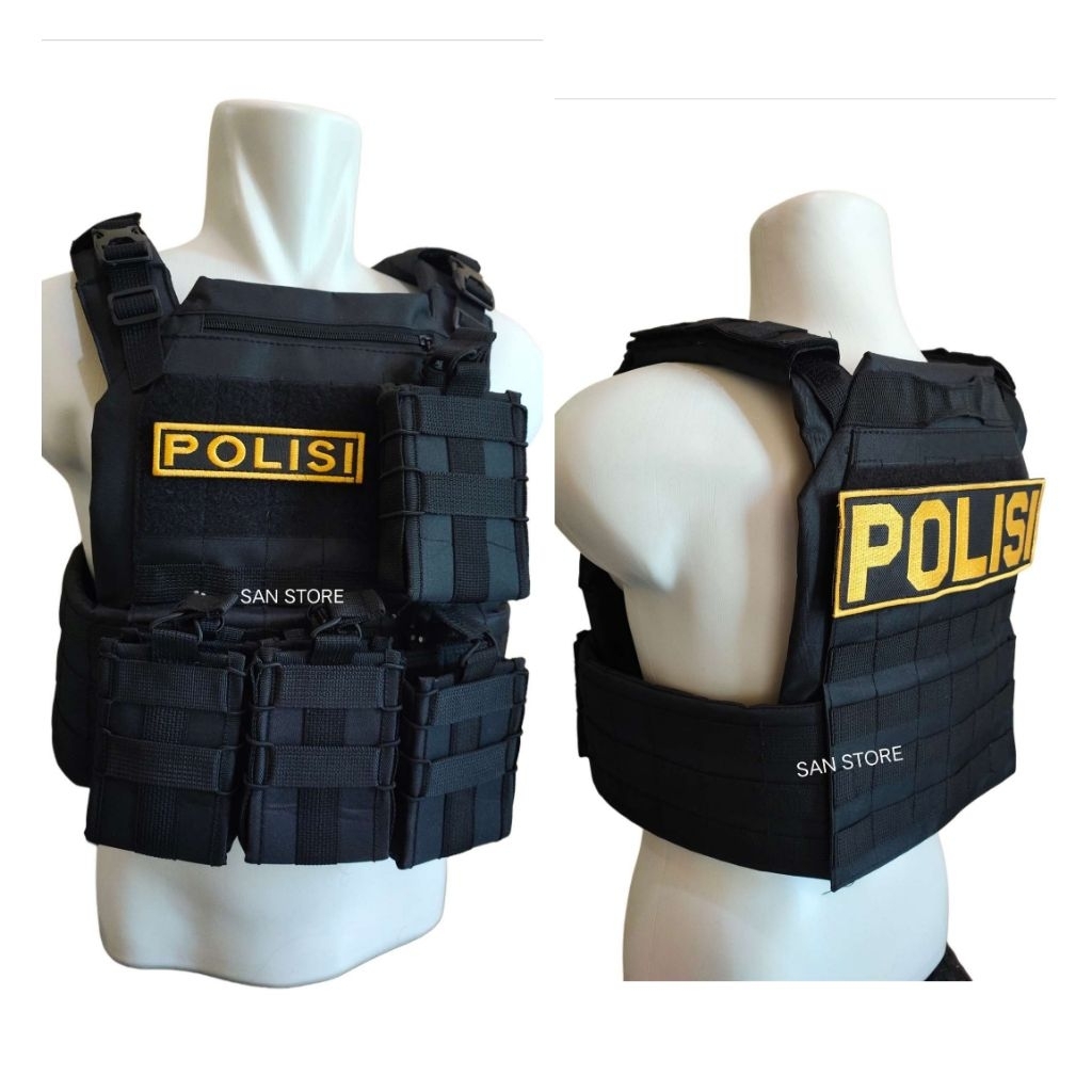 ROMPI ANTI ANGIN/BODY VEST POLISI TULISAN KUNING HITAM LENGKAP