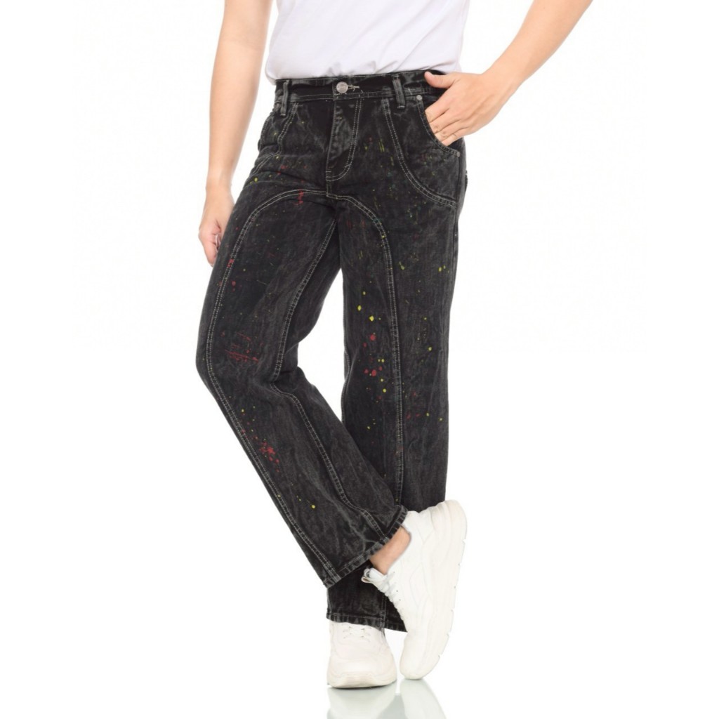 B-FOUR  Baggy Celana Jeans Pria Gombrong Skena Denim Hitam Vintage Retro Bercak Cat Original