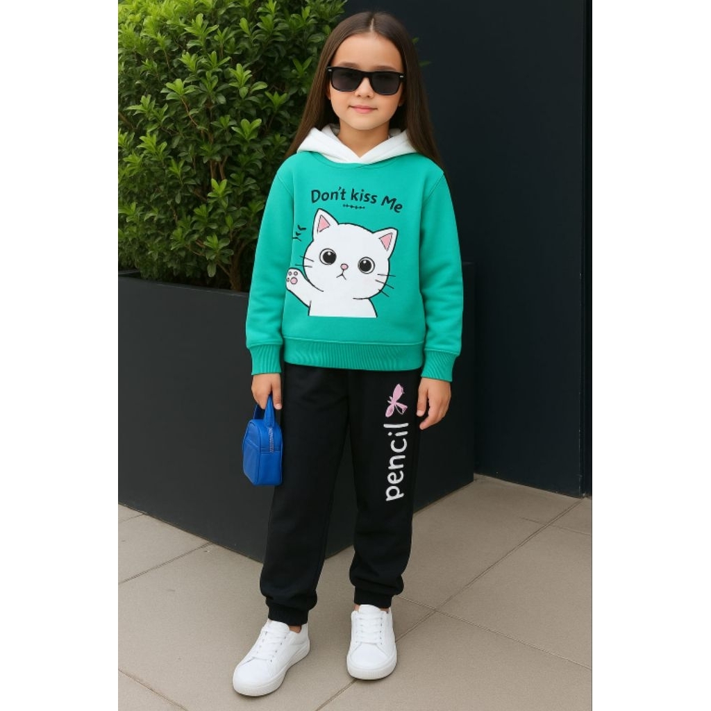 Setelan baju training anak perempuan terlaris/ Set hoddie cat kids/ St.kids cat hoodie 652/ baju ana