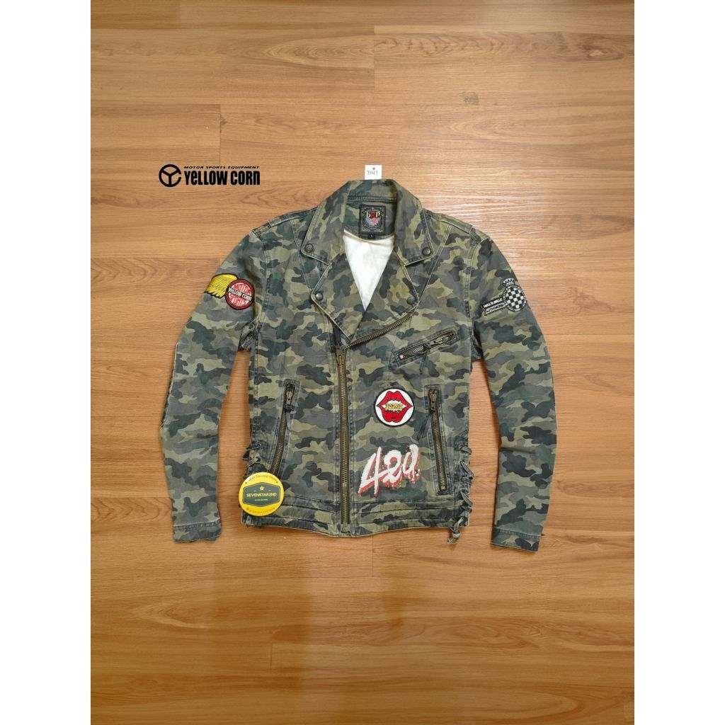 Yellow corn camo double bikers canvas jacket