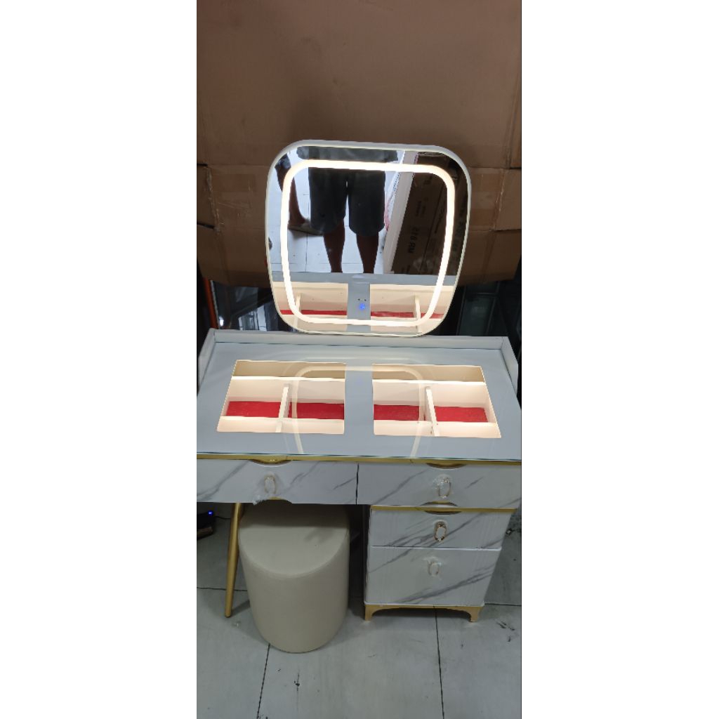 meja rias tolet lampu sensor laci rell kaki almunium Lis mas mewah minimalis murah kayu tebal 12mm k