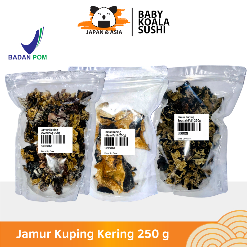 

BOKNI JAMUR KUPING KERING 250 g | Swallow Hitam Putih Fuji Black Fungus