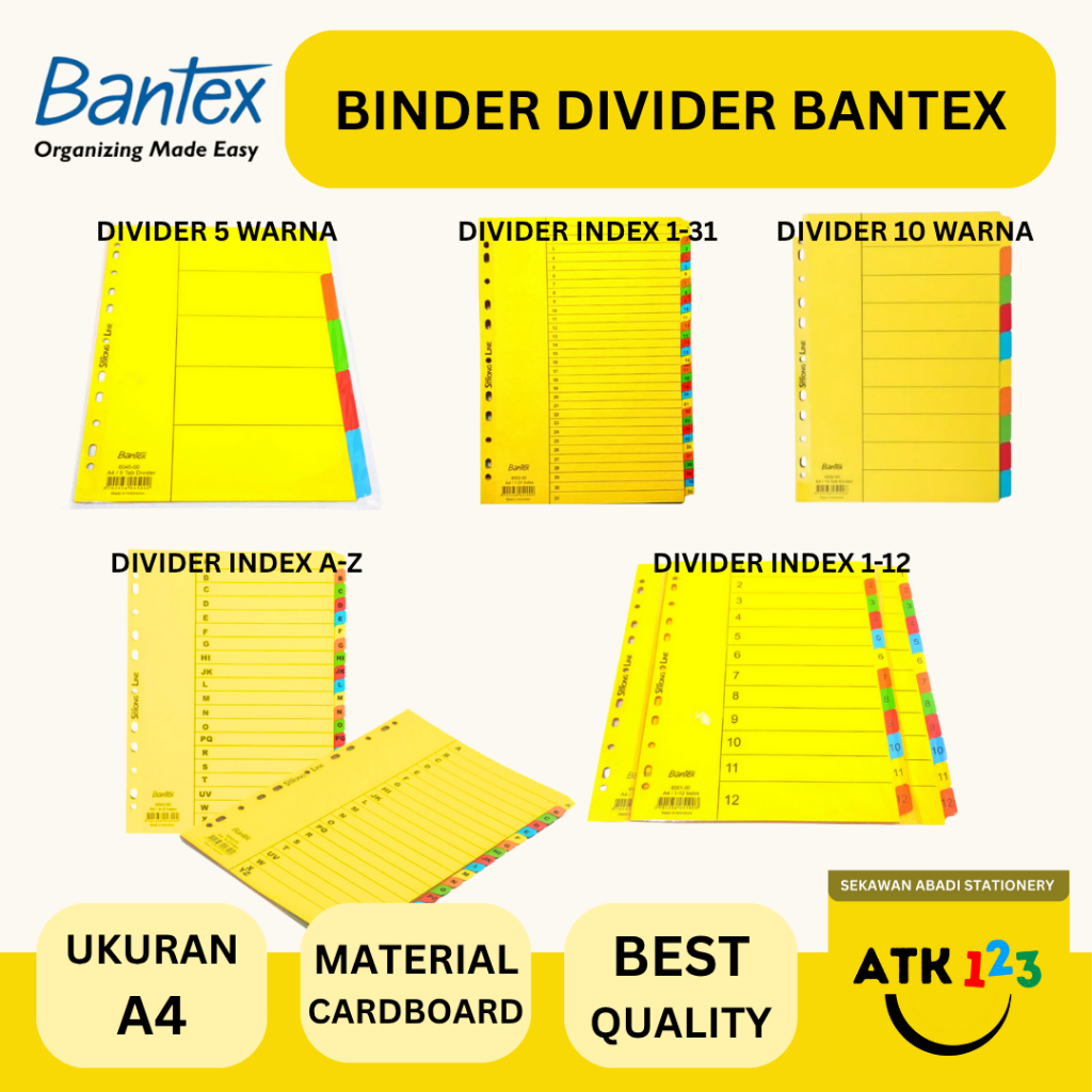 

BANTEX Binder Divider Pembatas Binder Ukuran A4 Bahan Cardboard 5 Warna / 10 Warna / Index 1-12 / Index A-Z / Index 1-31