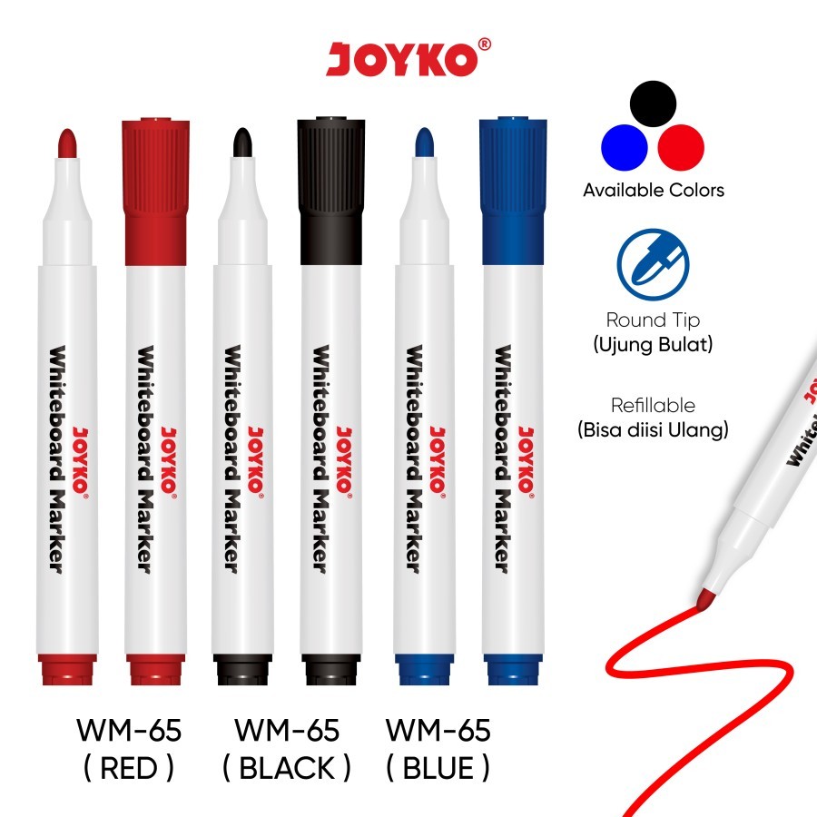 

(Khusus BATAM) JOYKO WM-65 Whiteboard Marker (Red, Black, Blue) | Spidol Papan Tulis / Spidol Tidak Permanen / Spidol Whiteboard