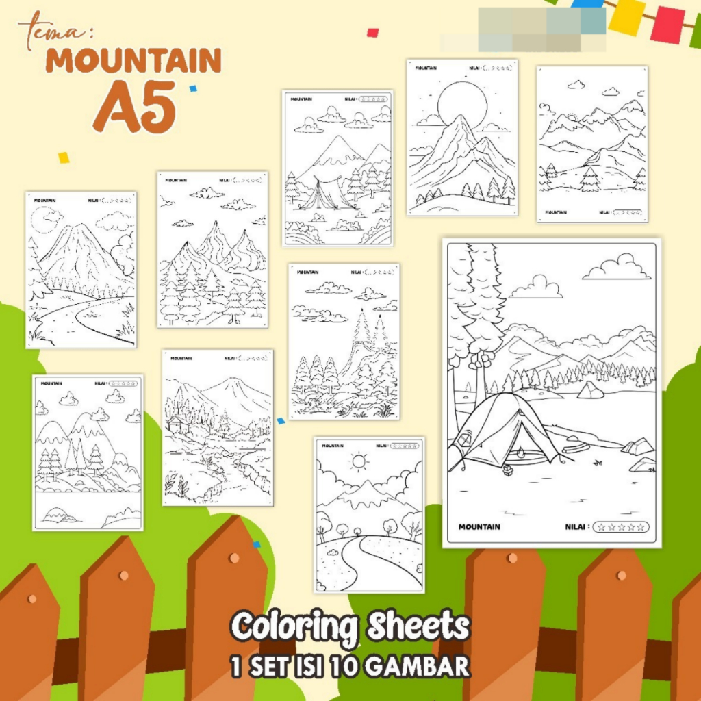 

KERTAS GAMBAR MEWARNAI TEMA MOUNTAIN - LEMBAR COLORING SHEETS FOR KIDS ISI 10 LEMBAR [A5] READY