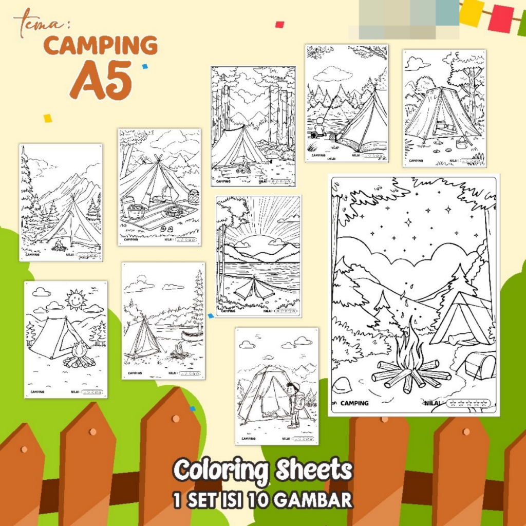 

KERTAS GAMBAR MEWARNAI TEMA CAMPING - LEMBAR COLORING SHEETS FOR KIDS ISI 10 LEMBAR [A5] READY
