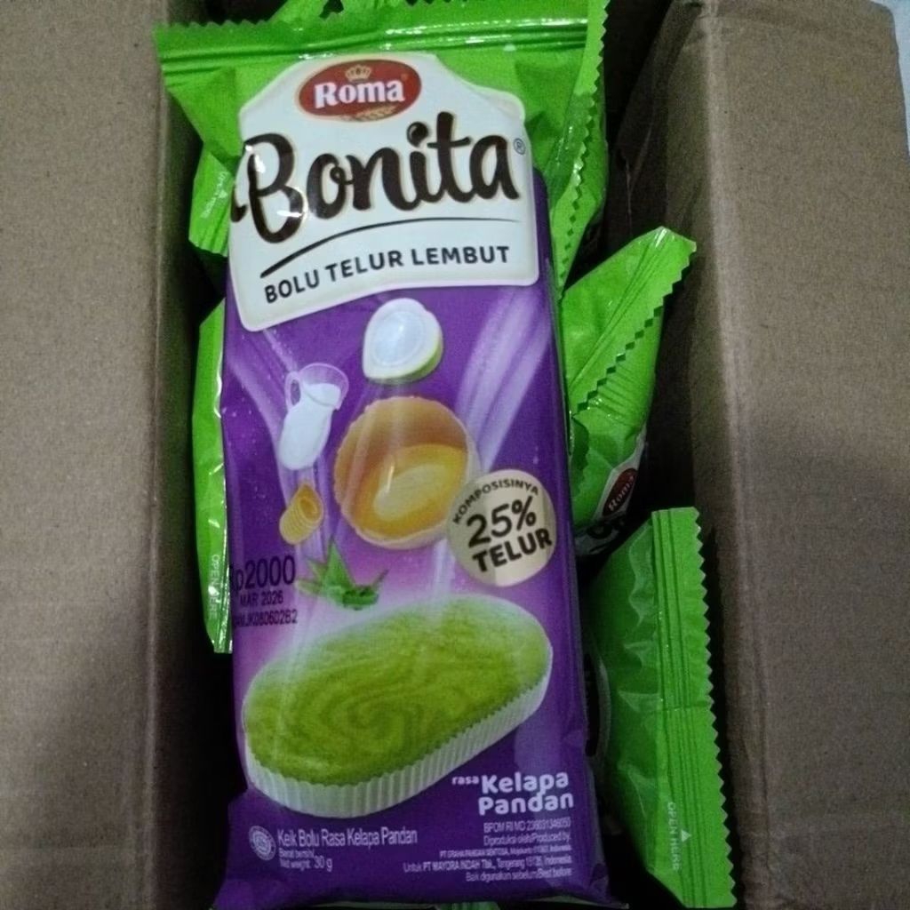 

ECER Roti Roma Bonita Roti Bonita Bolu Telur Lembut Varian Kelapa Pandan