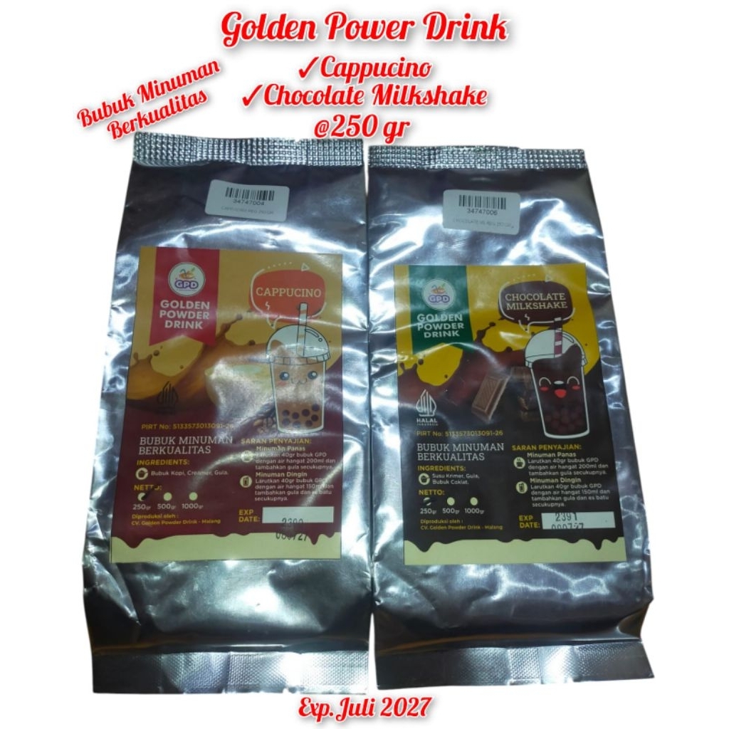 

GOLDEN POWDER DRINK (Bubuk Minuman Berkualitas) RASA CAPPUCINO & CHOCOLATE MILKSHAKE @250gr