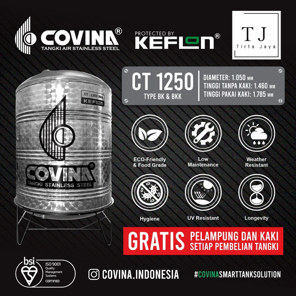 Tangki Air COVINA STAINLESS STEEL CT 1250 BK BKK Tandon Air Toren Air