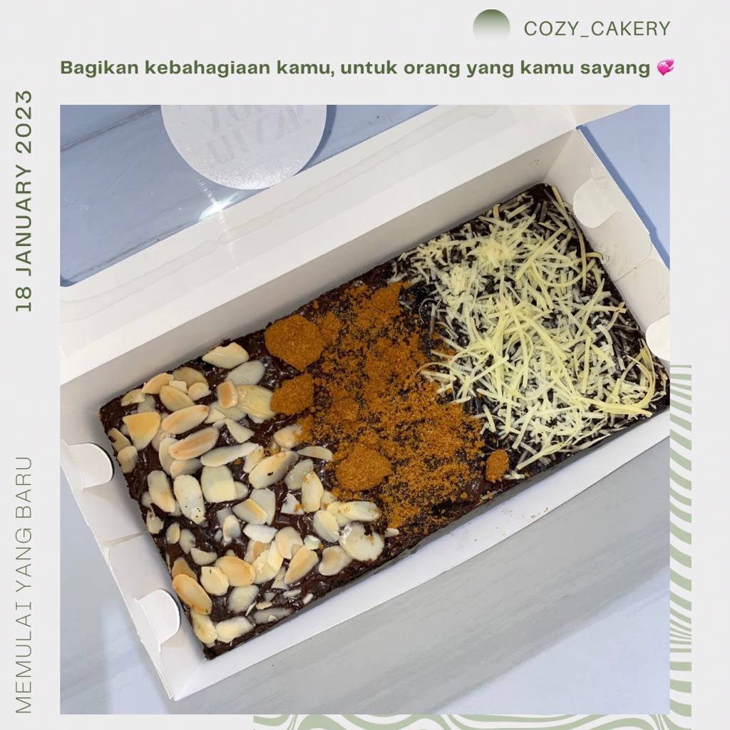 

Brownies viral cozy cakery size 20x10 almond kacang lotus keju cheese cokelat premium Tangerang jakarta