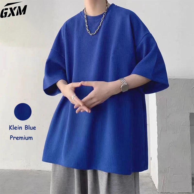 Baju Kaos Oversize Warna Biru benhur Lengan Pendek Polos O Neck Unisex Bahan kain wafel Premium Kore