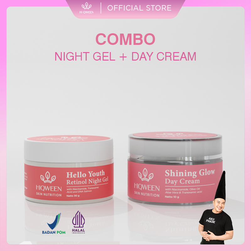 HIQWEEN RETINOL NIGHT GEL + SHINING GLOW DAY CREAM WITH SUNSCREEN Krim Siang Malam Mencerahkan Kulit
