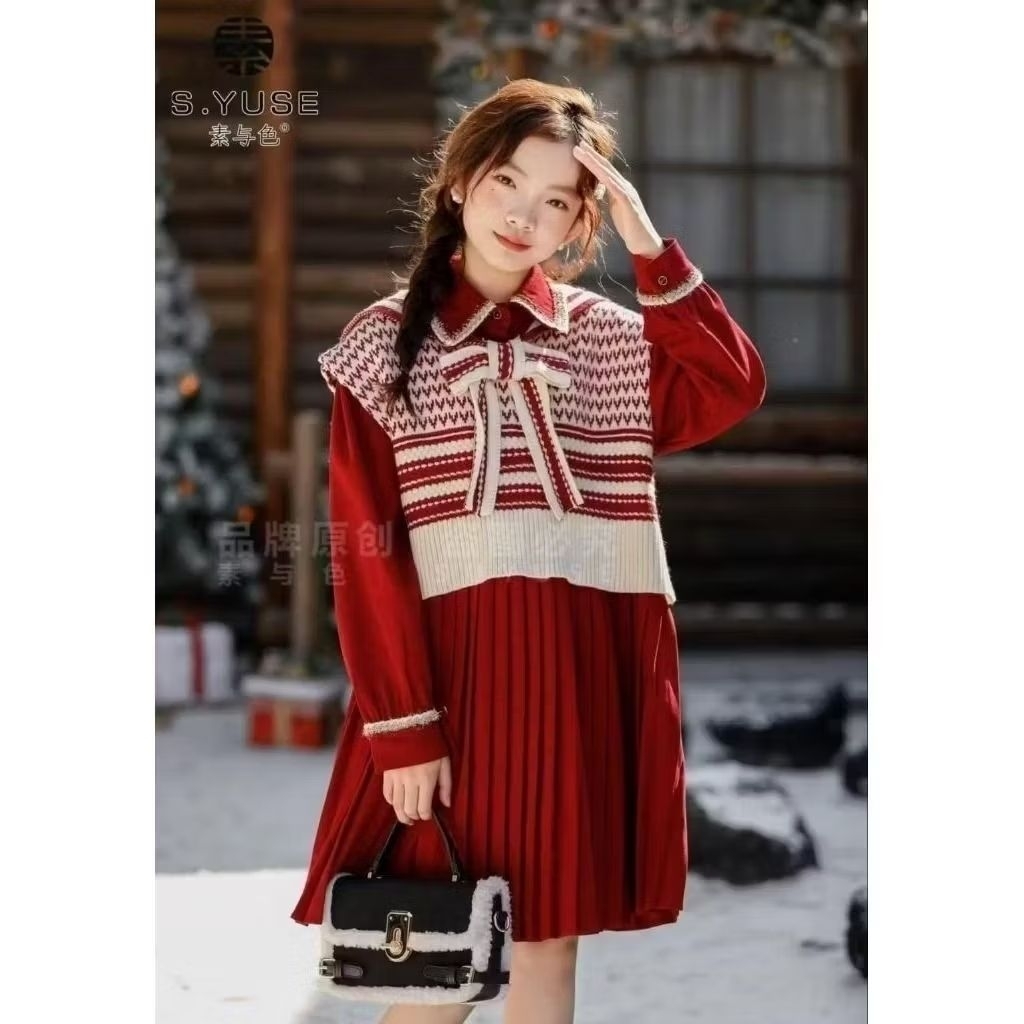 [COD] 140-150-160-170 DRES 2IN1 VEST RAJUT SAILOR MERAH PITA GAUN ULANG TAHUN PLISKET PREMIUM SUPER 