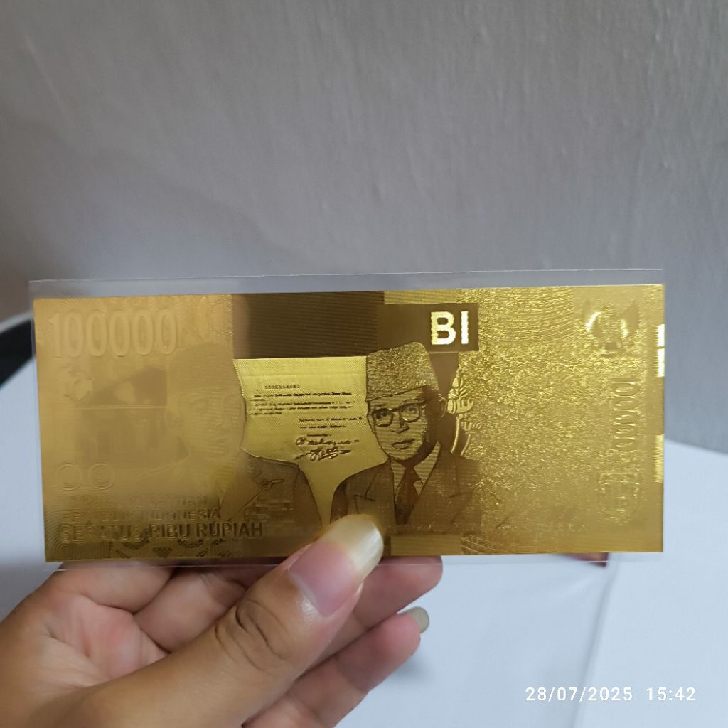 Souvenir Uang 100000 Gold Foil Premium Indonesia