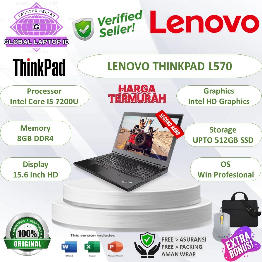 Laptop Murah LENOVO THINKPAD L570 Intel Core i5 RAM 8GB 256GB SSD 15.6" HD  Windows PRO - Second Lik