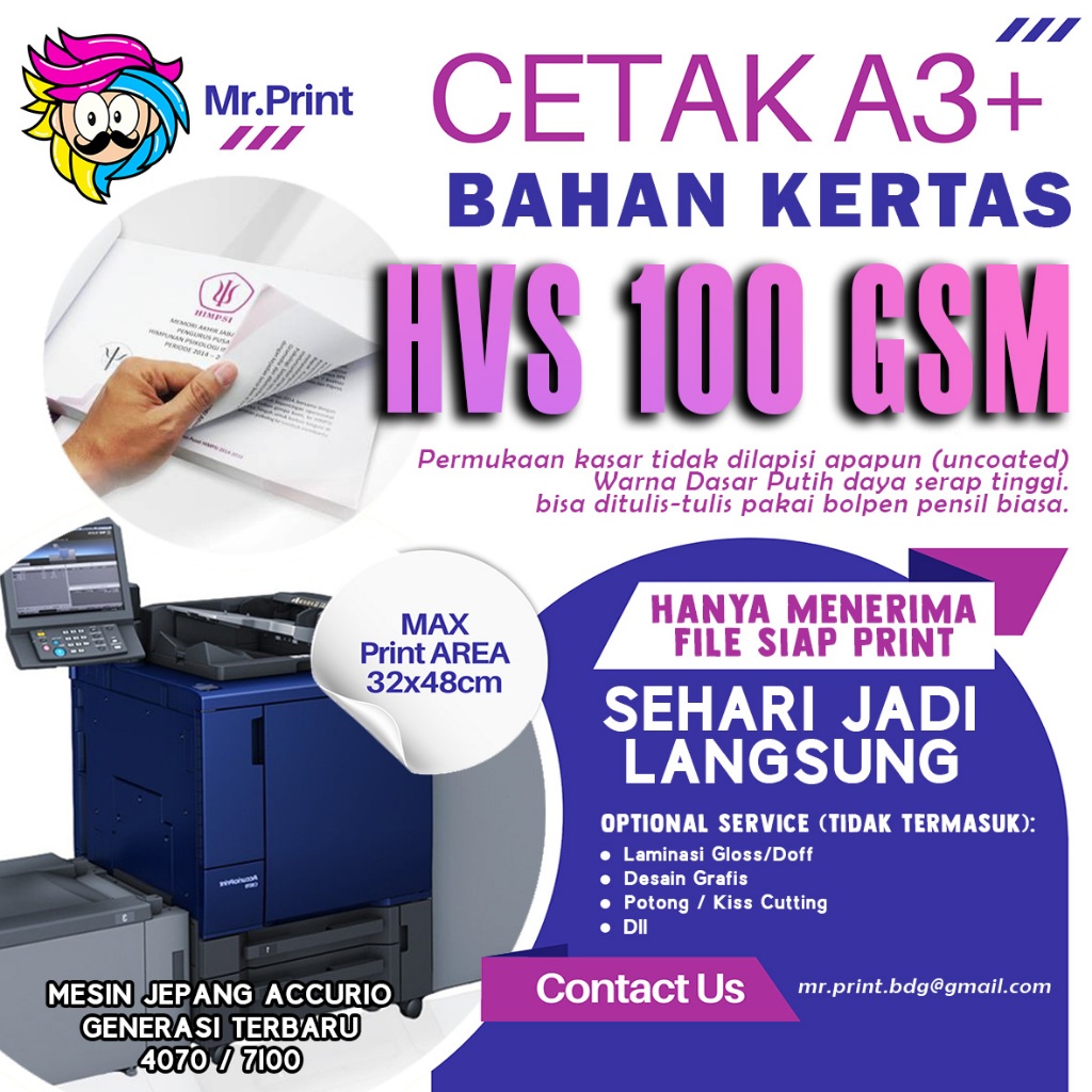 

Jasa Digital Print Cetak A3+ Kertas HVS 100gsm Konica Minolta Accurio 2026 MR.PRINT -Kertas BC A3 Plus