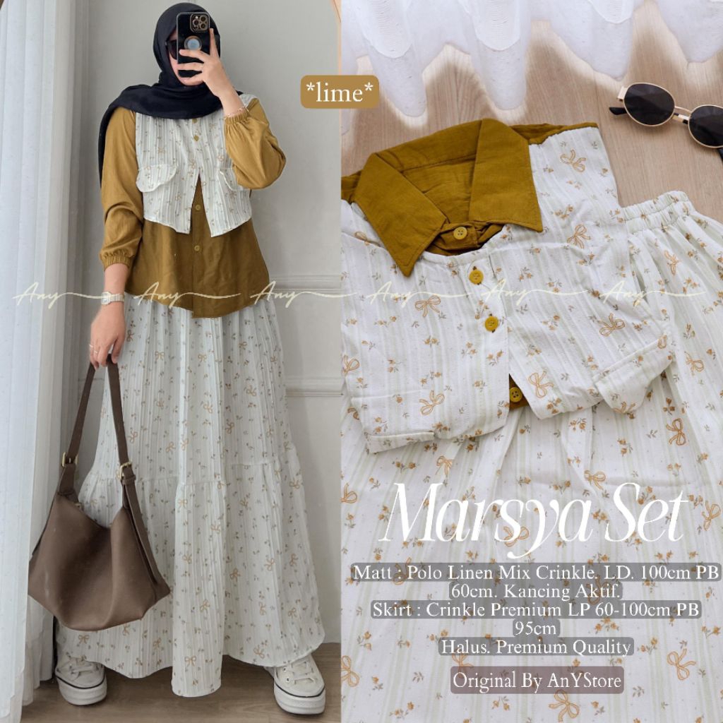 Marsya Set setelan atasan Polo Linen Mix Crinkle dan rok panjang Crinkle Premium outfit kampus kerja