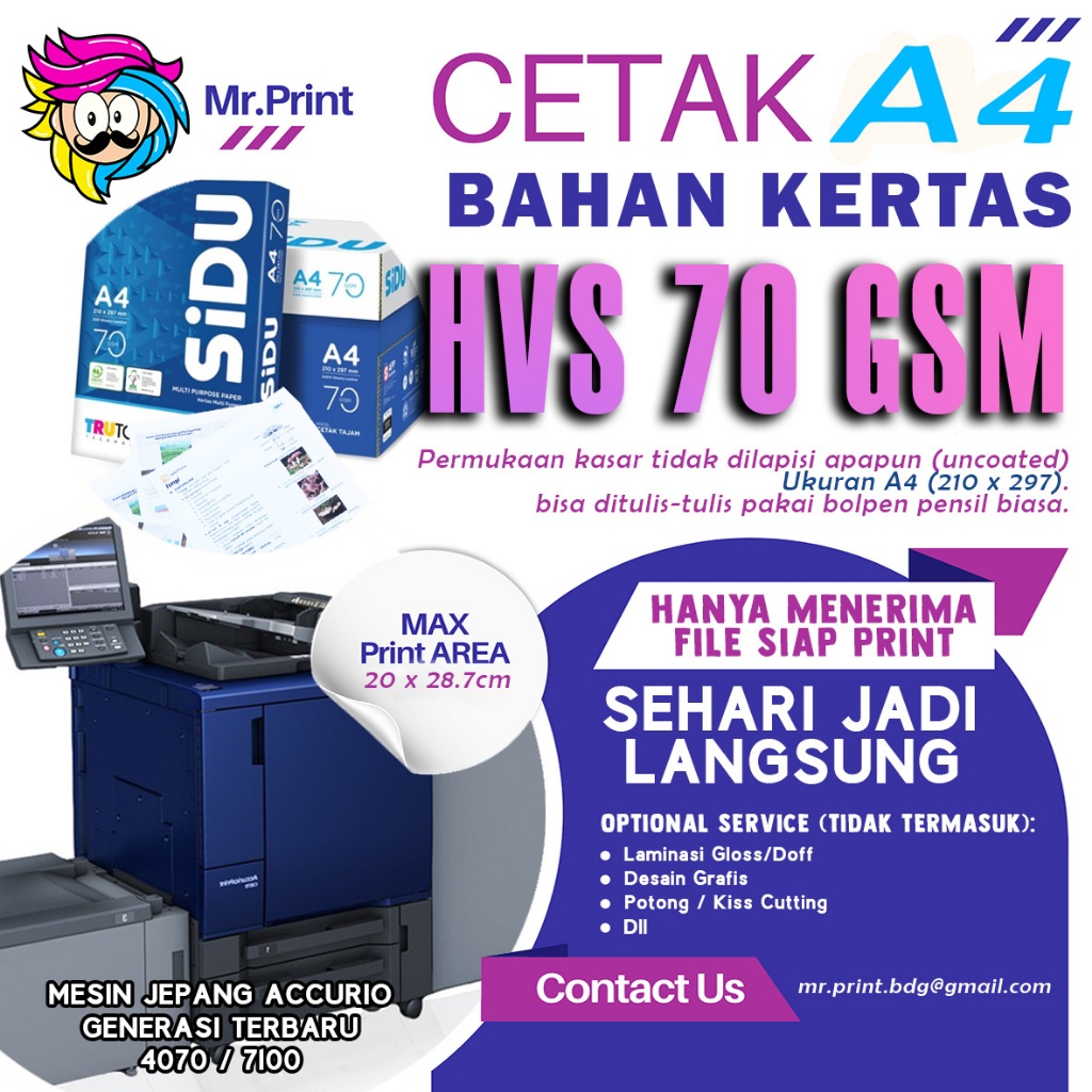 

Cetak A4 Instant Langsung Jadi HVS 70 gram Jasa Digital Printing Konica Minolta Accurio 2026 MR.PRINT