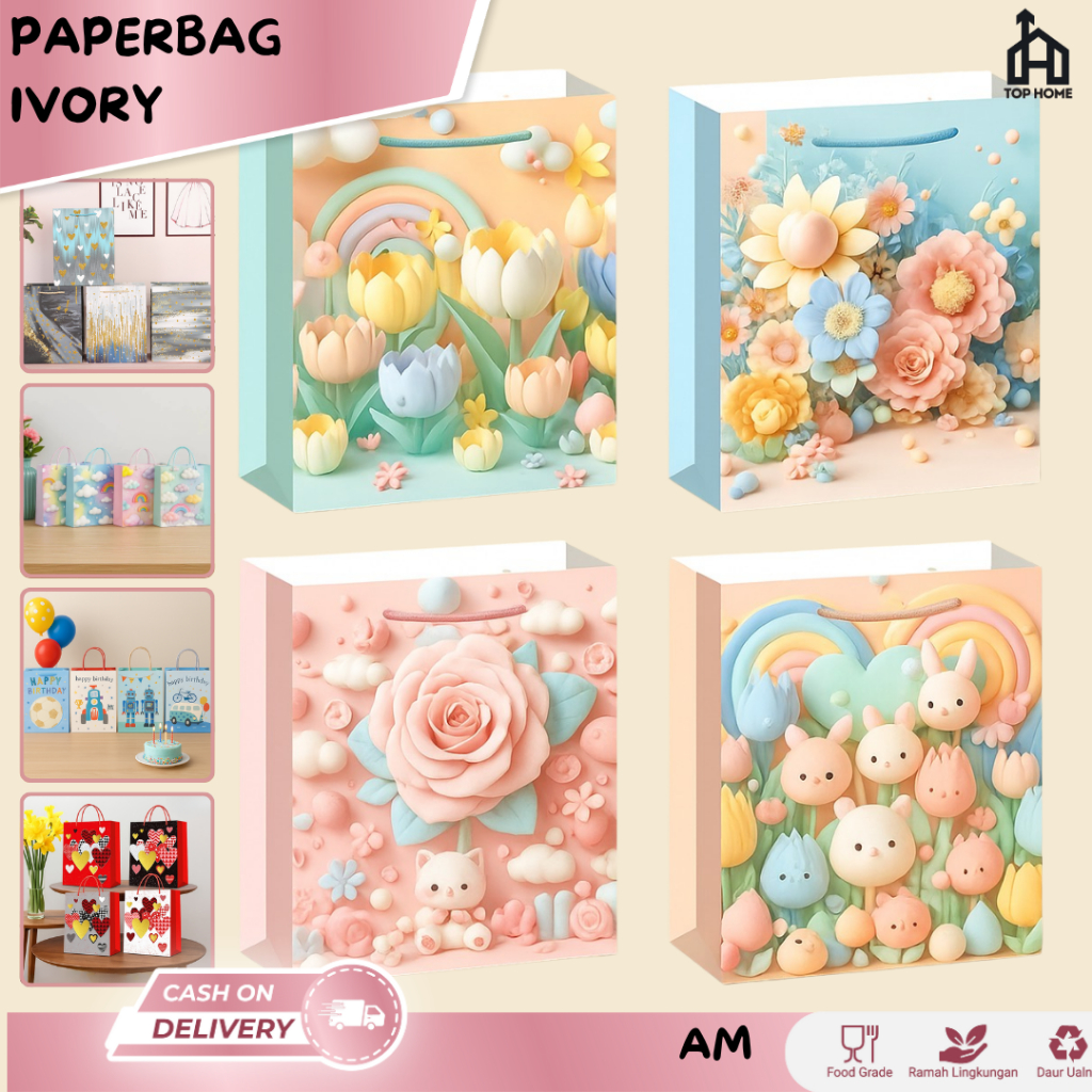 

Paperbag Motif Ivory Souvenir Ultah Anak Tas Hampers Paper Bag Hadiah Kado Gift Goodiebag Flower