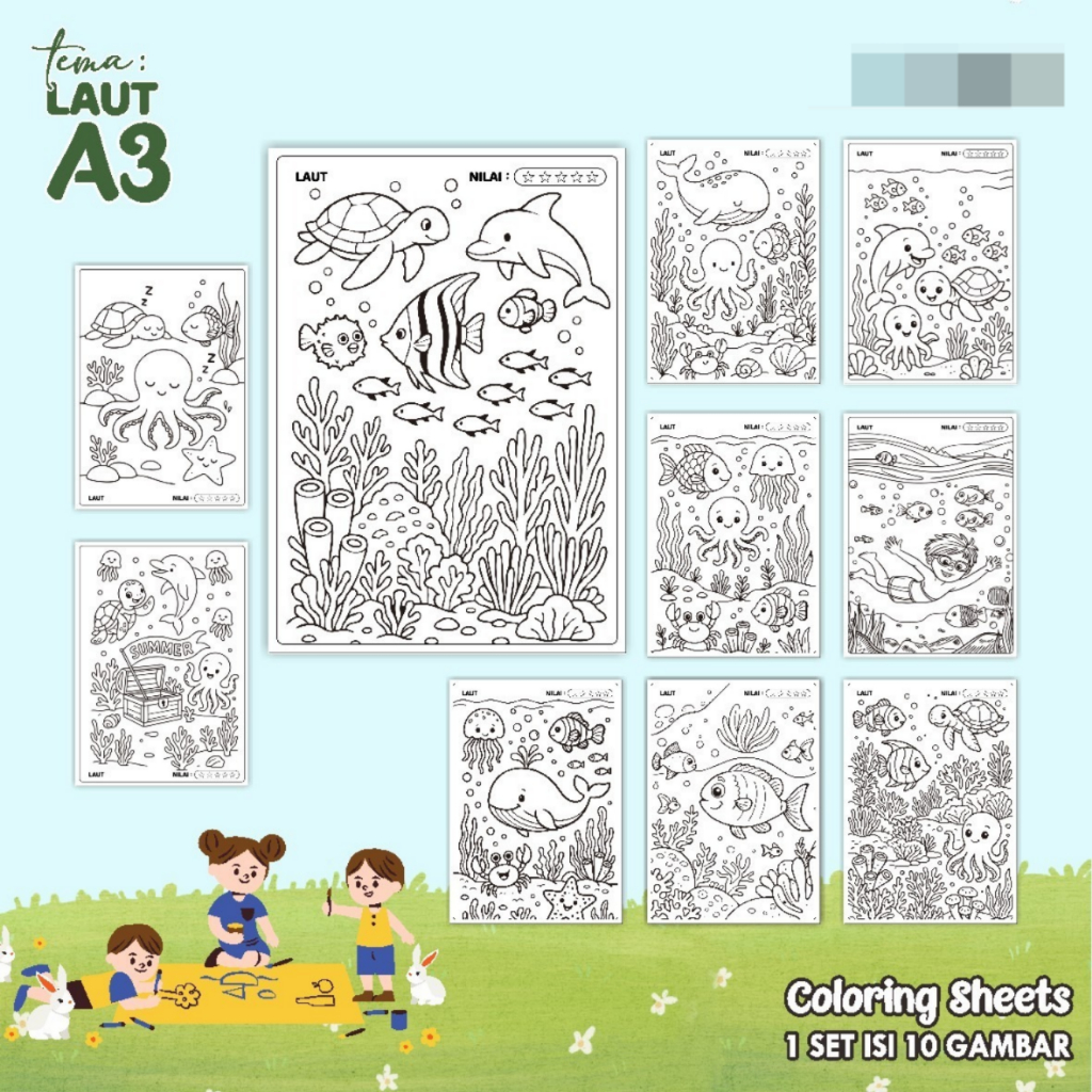 

KERTAS GAMBAR MEWARNAI TEMA LAUT - LEMBAR COLORING SHEETS FOR KIDS ISI 10 LEMBAR [A3] READY