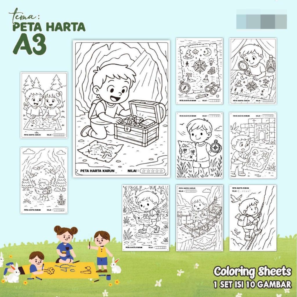 

KERTAS GAMBAR MEWARNAI TEMA PETA HARTA - LEMBAR COLORING SHEETS FOR KIDS ISI 10 LEMBAR [A3] READY