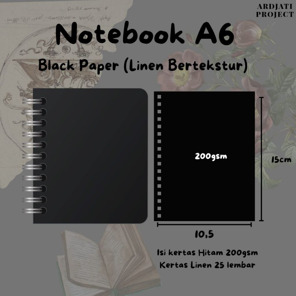 

A6 Notebook Black Paper Linen (bertekstur) 200gsm tebal untuk Scrapbook Notebook Hias (25lembar)