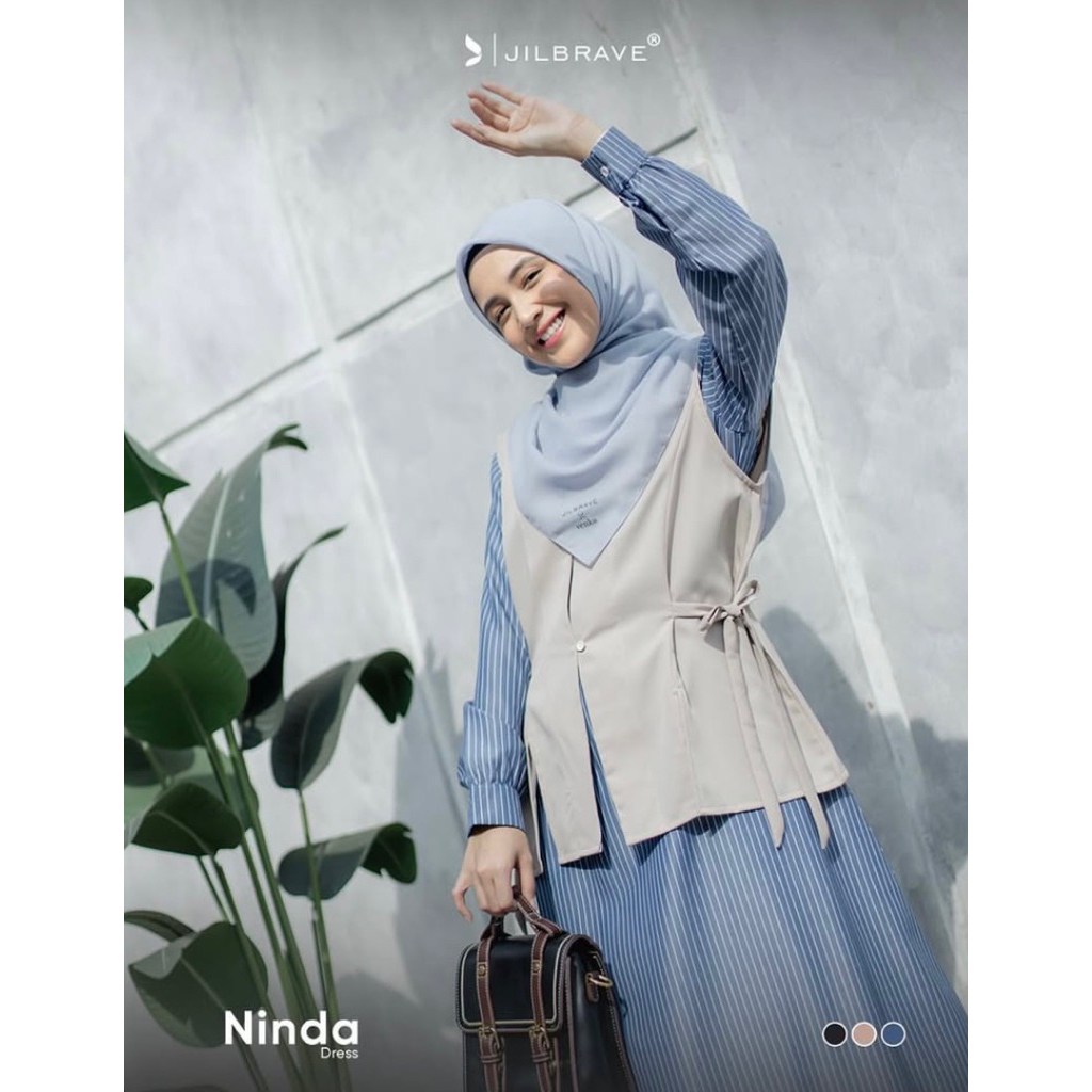 Ninda Dress By Jilbrave Official Shop Motif Garis Stripe 2 in 1 Dress Vest One Set Gamis Remaja Stri