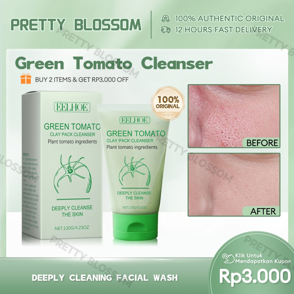 EELHOE Green Tomato Clay Pack Cleanser 120g Deeply Cleaning Facial Wash Pengecil Pori Pori Face Wash