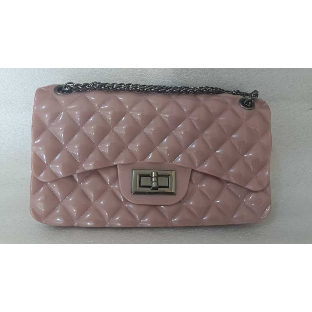 PPT001 Tas Slingbag Jelly Glossy Kecil Rantai Fashion COKLAT MUDA BESAR