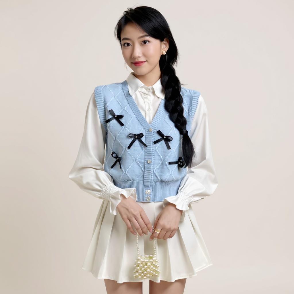 Gladys Ribbon Button Knit Vest | Atasan Rompi Rajut Wanita Motif Polos PIta Korean Style