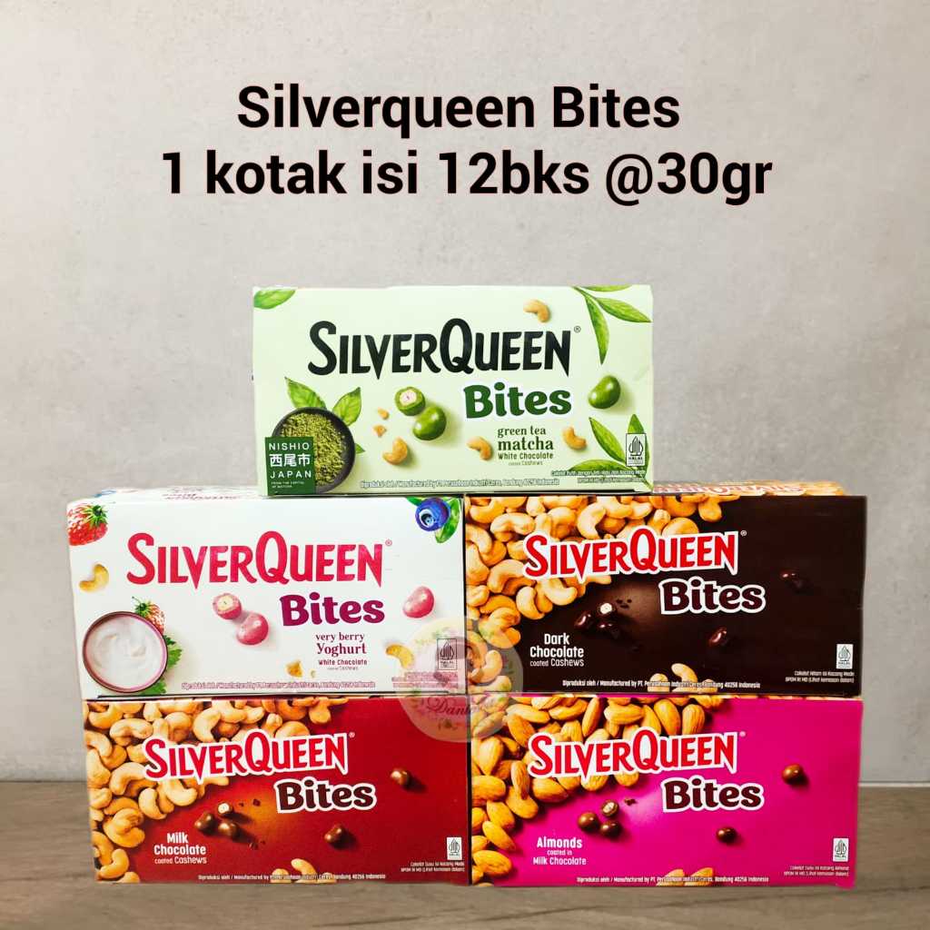 

Silverqueen bites 30 gr Isi 12 bungkus almond cashew dark very berry greentea matcha ( SCP )