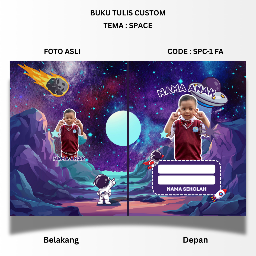 

BUKU TULIS CUSTOM - TEMA SPACE - STANDART UKURAN SIDU 160X210 - BISA PAKAI FOTO ANAK ASLI ATAU UBAH KE KARTUN