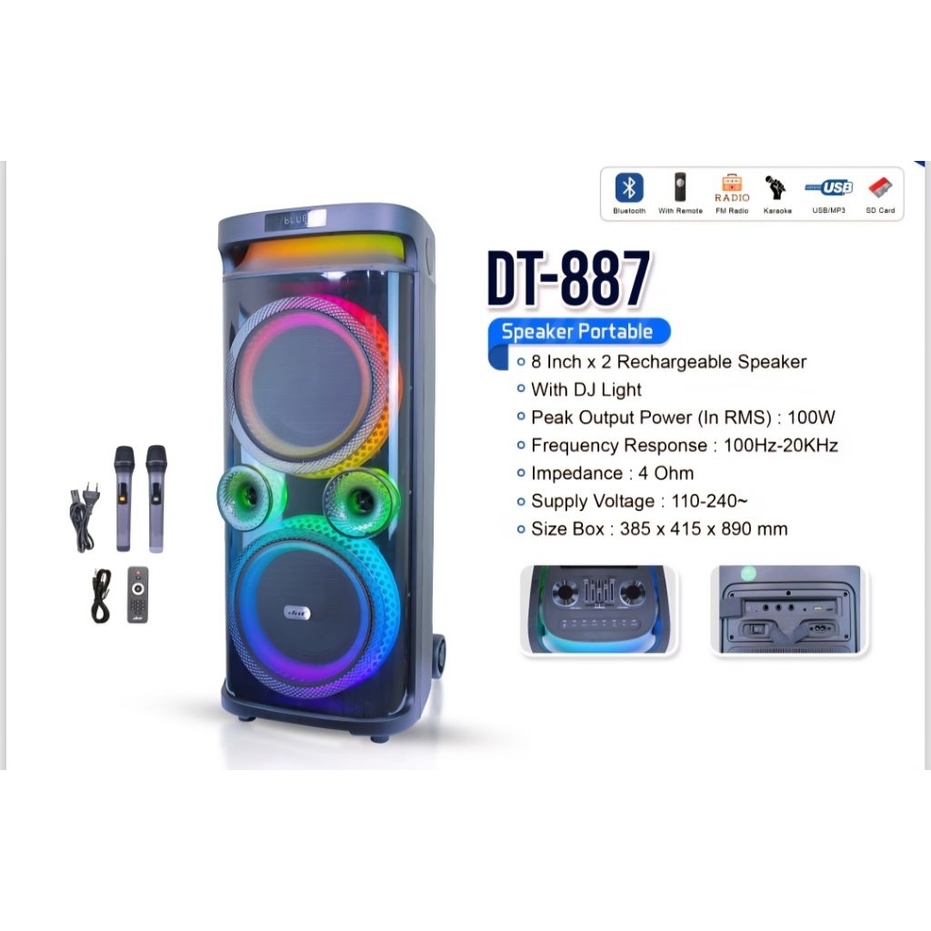 SPEAKER PORTABLE DAT DT 887 8" INCH RECHARGEABLE SPIKER BISA DICAS ULANG WITH DJ LIGHT LAMPU DISKO P